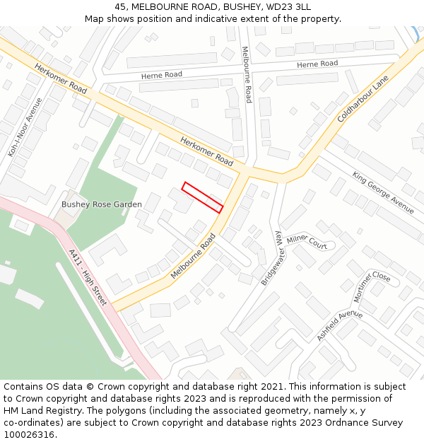 45, MELBOURNE ROAD, BUSHEY, WD23 3LL: Location map and indicative extent of plot