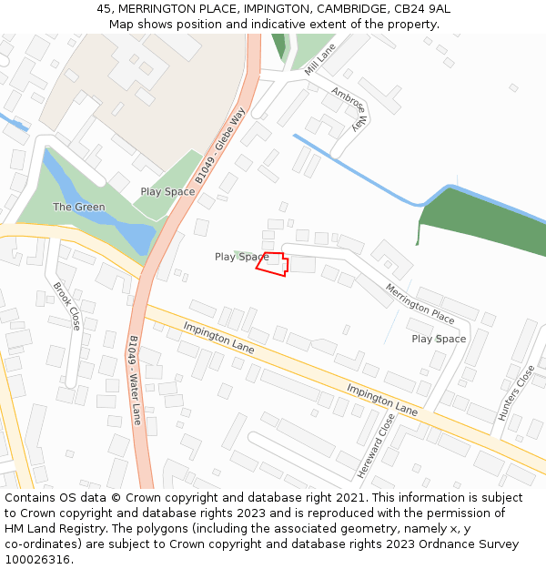 45, MERRINGTON PLACE, IMPINGTON, CAMBRIDGE, CB24 9AL: Location map and indicative extent of plot