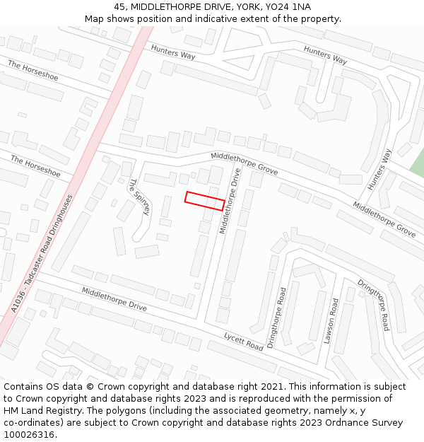 45, MIDDLETHORPE DRIVE, YORK, YO24 1NA: Location map and indicative extent of plot