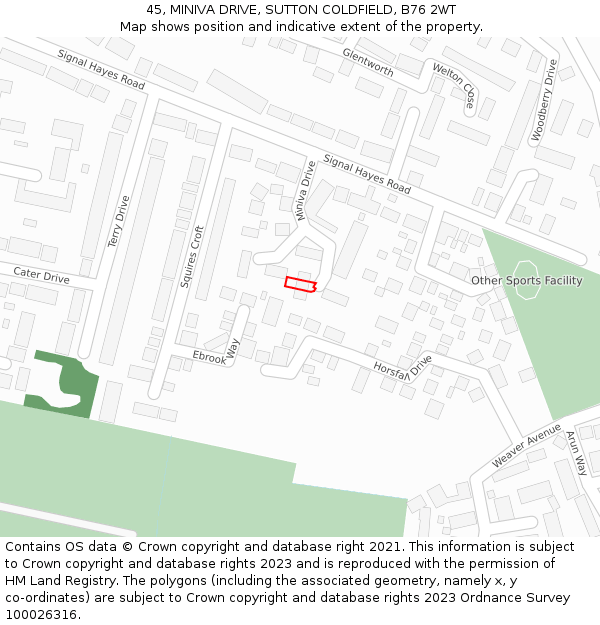 45, MINIVA DRIVE, SUTTON COLDFIELD, B76 2WT: Location map and indicative extent of plot