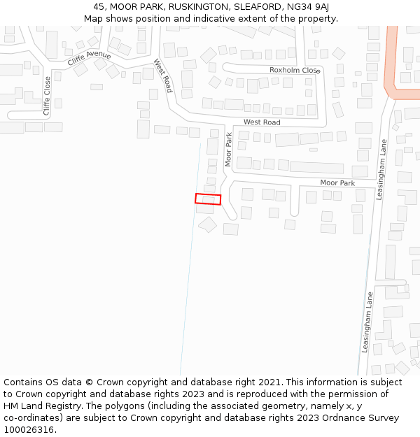 45, MOOR PARK, RUSKINGTON, SLEAFORD, NG34 9AJ: Location map and indicative extent of plot