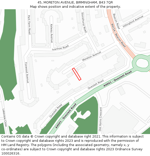 45, MORETON AVENUE, BIRMINGHAM, B43 7QR: Location map and indicative extent of plot