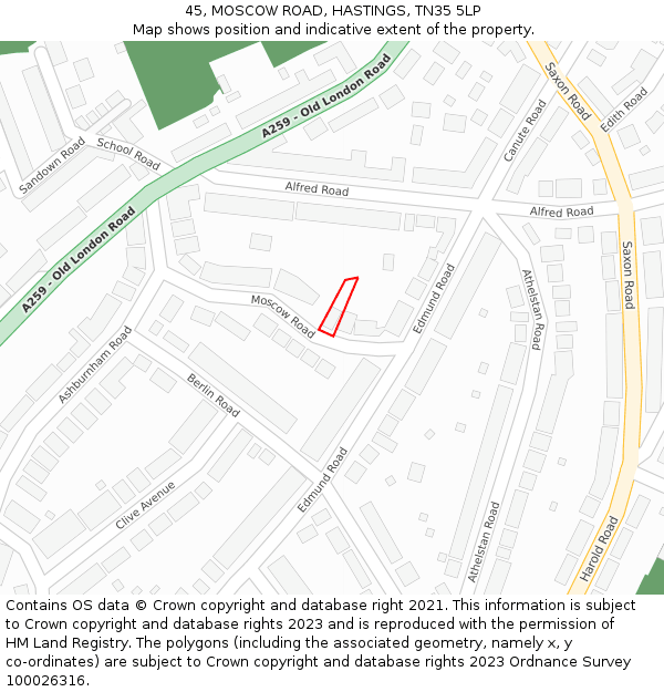 45, MOSCOW ROAD, HASTINGS, TN35 5LP: Location map and indicative extent of plot