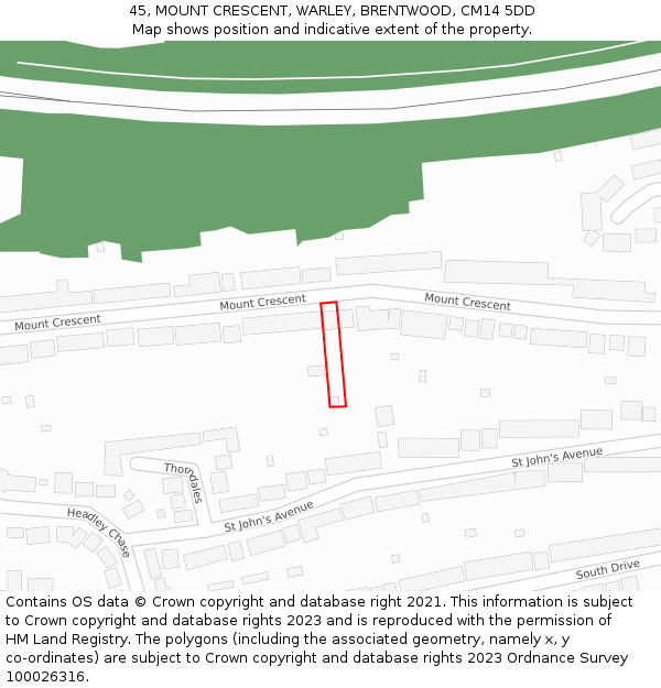 45, MOUNT CRESCENT, WARLEY, BRENTWOOD, CM14 5DD: Location map and indicative extent of plot