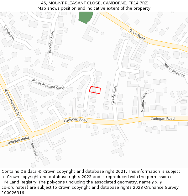 45, MOUNT PLEASANT CLOSE, CAMBORNE, TR14 7RZ: Location map and indicative extent of plot