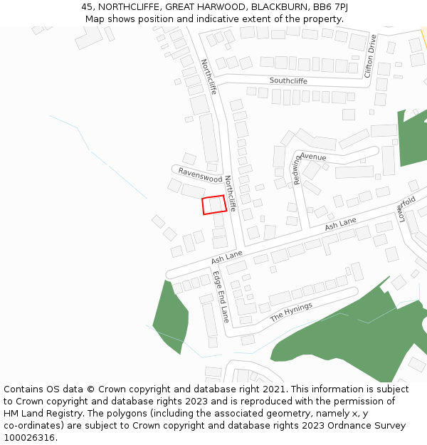 45, NORTHCLIFFE, GREAT HARWOOD, BLACKBURN, BB6 7PJ: Location map and indicative extent of plot