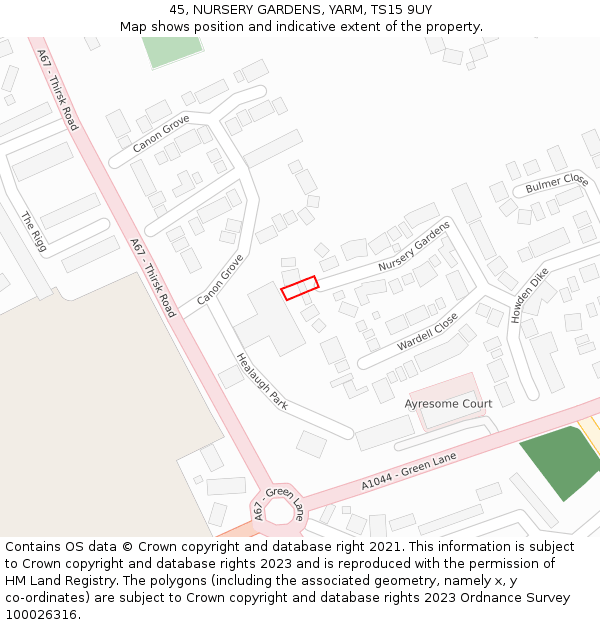 45, NURSERY GARDENS, YARM, TS15 9UY: Location map and indicative extent of plot
