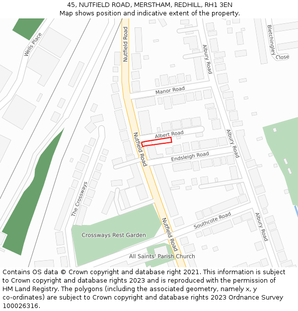 45, NUTFIELD ROAD, MERSTHAM, REDHILL, RH1 3EN: Location map and indicative extent of plot