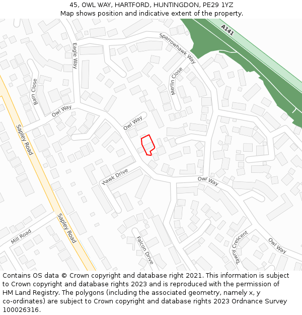 45, OWL WAY, HARTFORD, HUNTINGDON, PE29 1YZ: Location map and indicative extent of plot