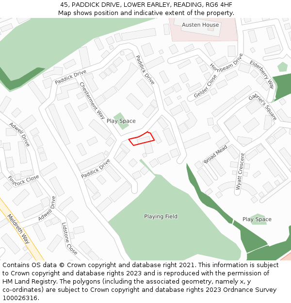 45, PADDICK DRIVE, LOWER EARLEY, READING, RG6 4HF: Location map and indicative extent of plot