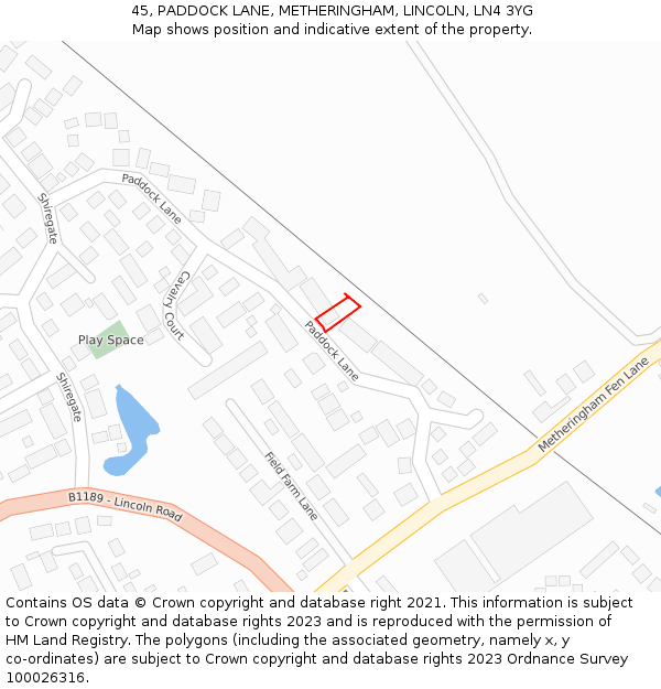 45, PADDOCK LANE, METHERINGHAM, LINCOLN, LN4 3YG: Location map and indicative extent of plot
