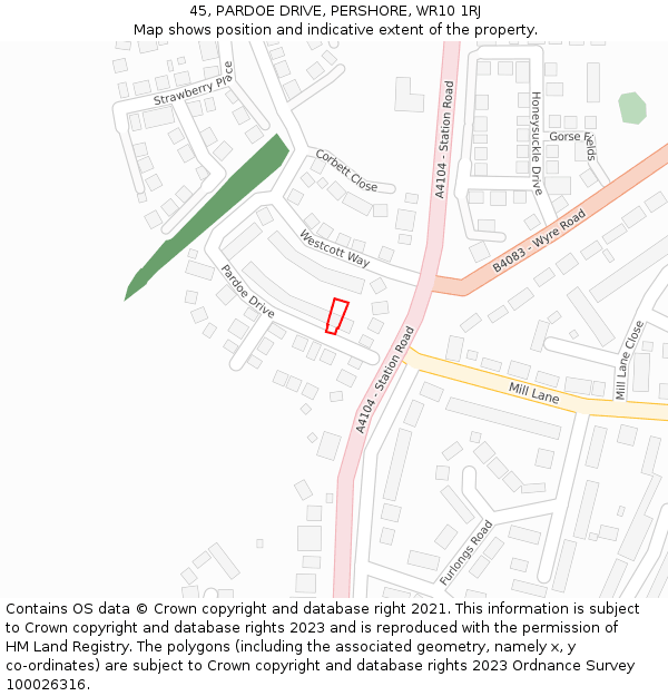 45, PARDOE DRIVE, PERSHORE, WR10 1RJ: Location map and indicative extent of plot