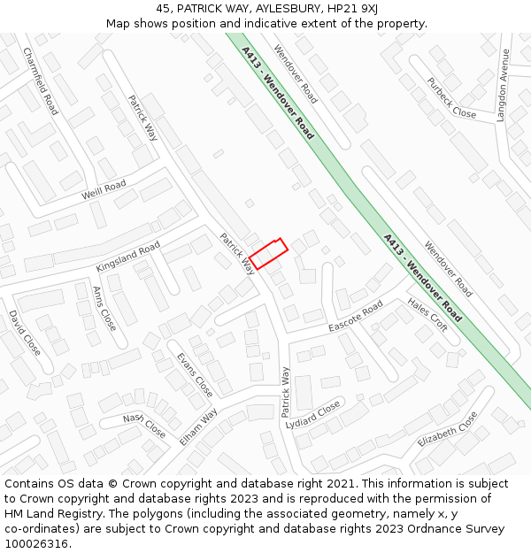 45, PATRICK WAY, AYLESBURY, HP21 9XJ: Location map and indicative extent of plot