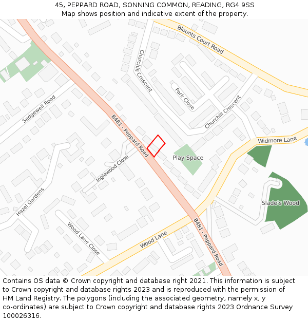 45, PEPPARD ROAD, SONNING COMMON, READING, RG4 9SS: Location map and indicative extent of plot