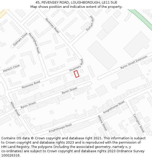 45, PEVENSEY ROAD, LOUGHBOROUGH, LE11 5UE: Location map and indicative extent of plot