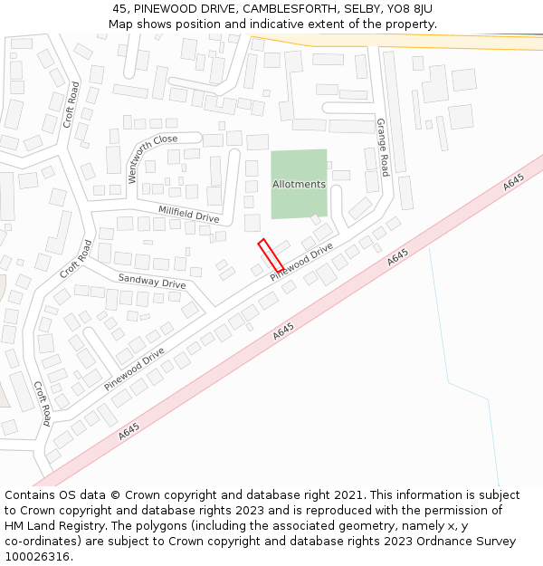 45, PINEWOOD DRIVE, CAMBLESFORTH, SELBY, YO8 8JU: Location map and indicative extent of plot