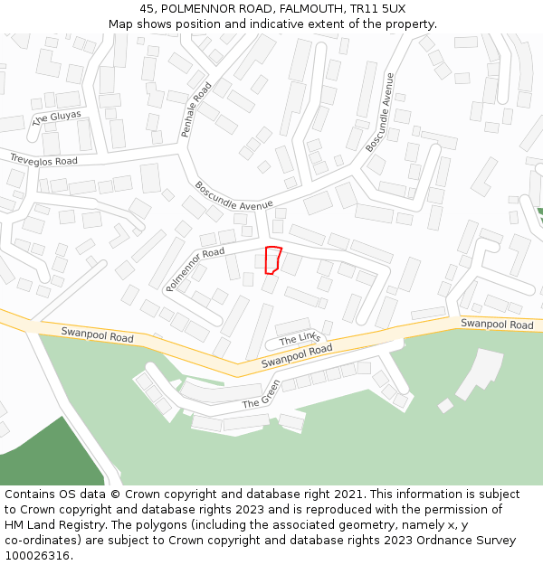 45, POLMENNOR ROAD, FALMOUTH, TR11 5UX: Location map and indicative extent of plot