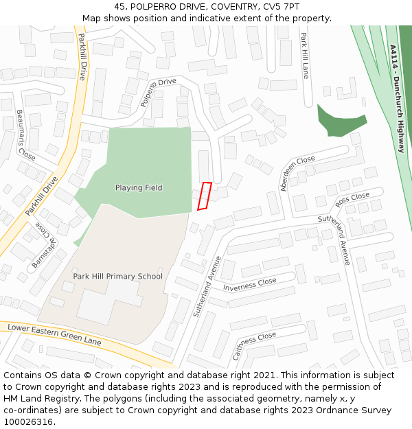 45, POLPERRO DRIVE, COVENTRY, CV5 7PT: Location map and indicative extent of plot