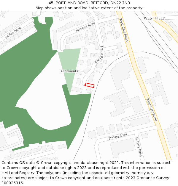 45, PORTLAND ROAD, RETFORD, DN22 7NR: Location map and indicative extent of plot