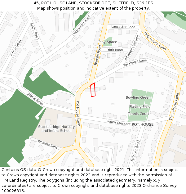 45, POT HOUSE LANE, STOCKSBRIDGE, SHEFFIELD, S36 1ES: Location map and indicative extent of plot