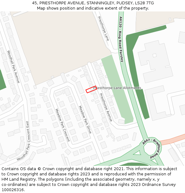 45, PRIESTHORPE AVENUE, STANNINGLEY, PUDSEY, LS28 7TG: Location map and indicative extent of plot