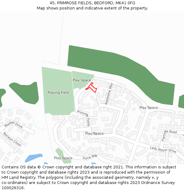45, PRIMROSE FIELDS, BEDFORD, MK41 0FG: Location map and indicative extent of plot