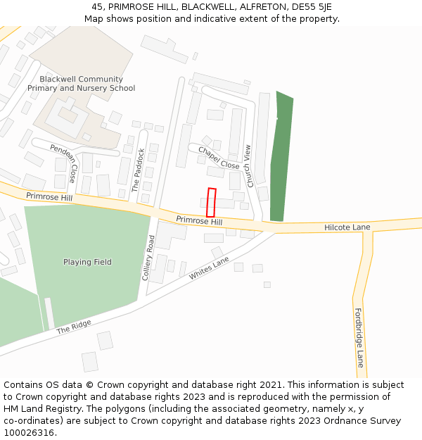 45, PRIMROSE HILL, BLACKWELL, ALFRETON, DE55 5JE: Location map and indicative extent of plot