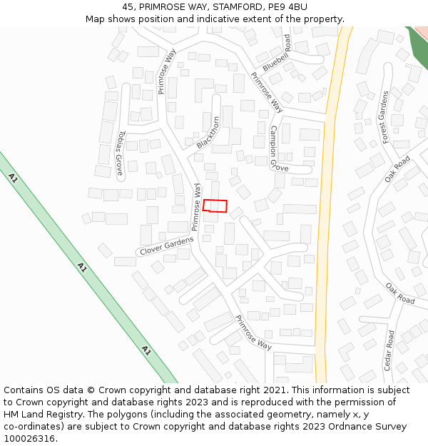 45, PRIMROSE WAY, STAMFORD, PE9 4BU: Location map and indicative extent of plot
