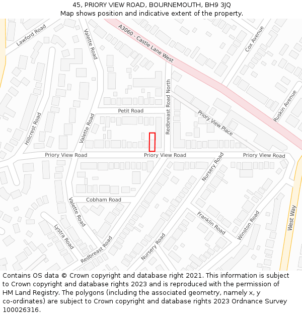45, PRIORY VIEW ROAD, BOURNEMOUTH, BH9 3JQ: Location map and indicative extent of plot