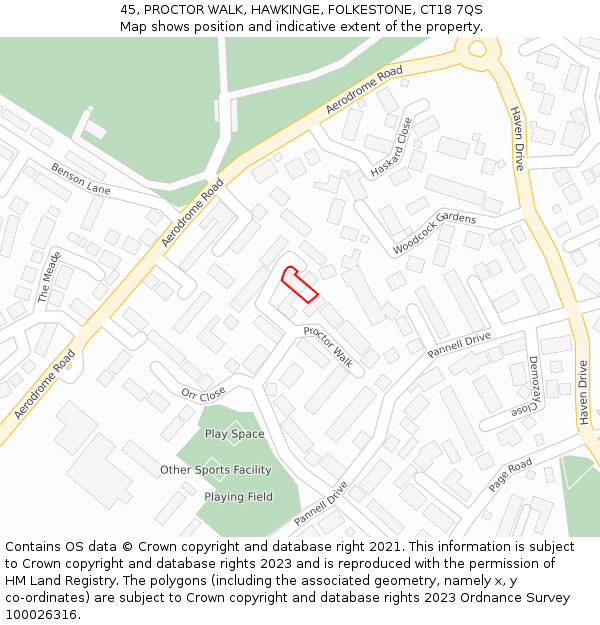 45, PROCTOR WALK, HAWKINGE, FOLKESTONE, CT18 7QS: Location map and indicative extent of plot