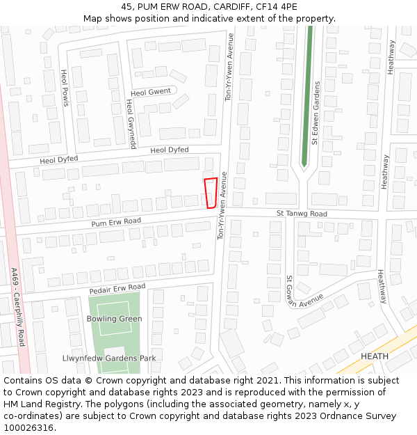 45, PUM ERW ROAD, CARDIFF, CF14 4PE: Location map and indicative extent of plot