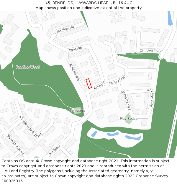 45, RENFIELDS, HAYWARDS HEATH, RH16 4UG: Location map and indicative extent of plot