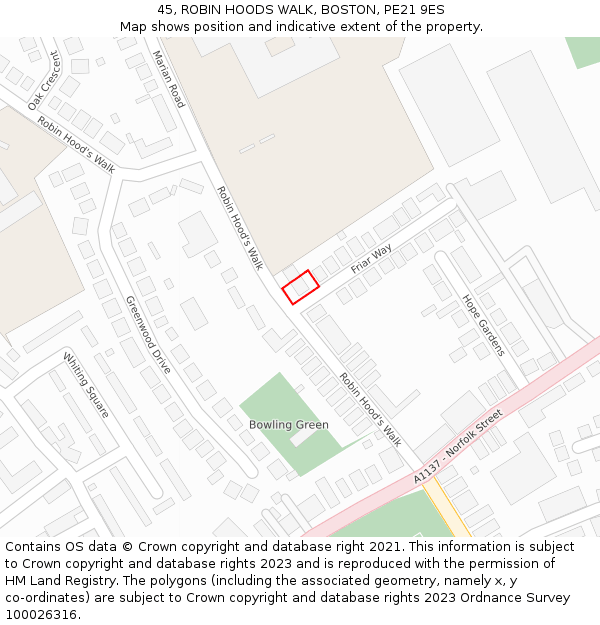 45, ROBIN HOODS WALK, BOSTON, PE21 9ES: Location map and indicative extent of plot