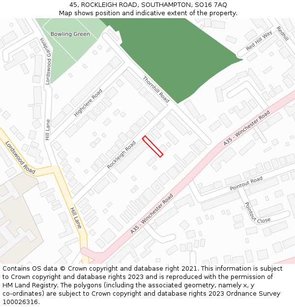 45, ROCKLEIGH ROAD, SOUTHAMPTON, SO16 7AQ: Location map and indicative extent of plot