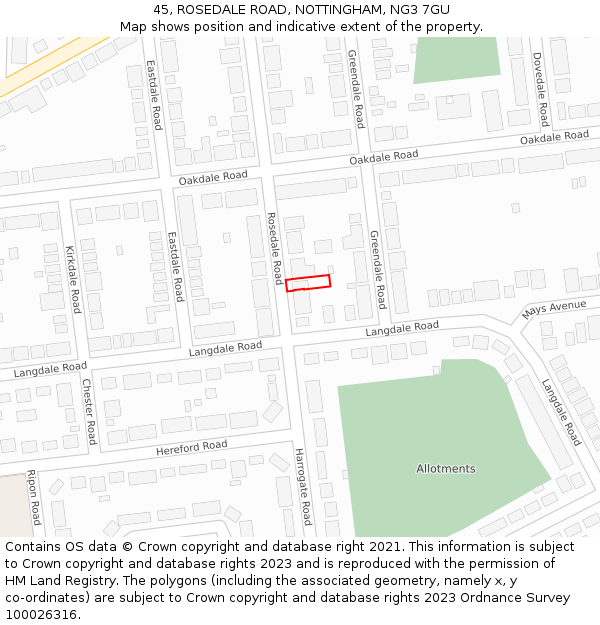 45, ROSEDALE ROAD, NOTTINGHAM, NG3 7GU: Location map and indicative extent of plot