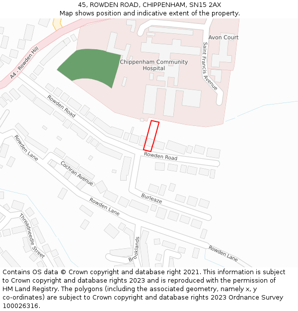 45, ROWDEN ROAD, CHIPPENHAM, SN15 2AX: Location map and indicative extent of plot