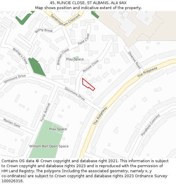 45, RUNCIE CLOSE, ST ALBANS, AL4 9AX: Location map and indicative extent of plot