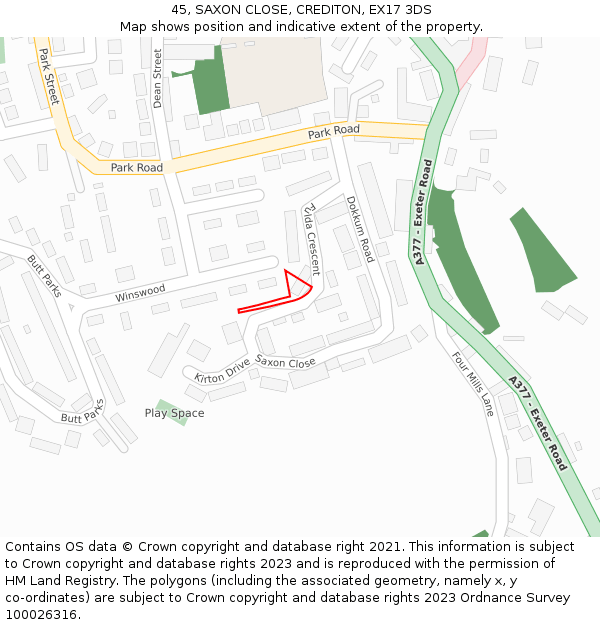 45, SAXON CLOSE, CREDITON, EX17 3DS: Location map and indicative extent of plot