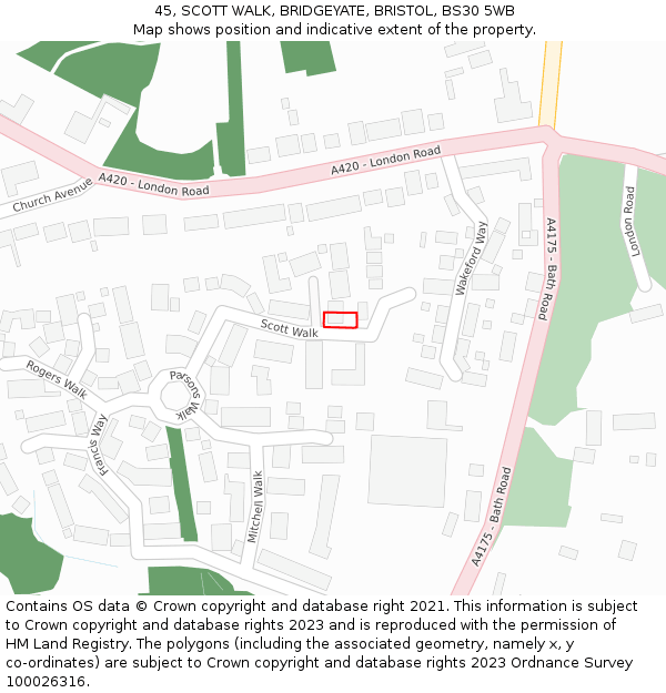 45, SCOTT WALK, BRIDGEYATE, BRISTOL, BS30 5WB: Location map and indicative extent of plot