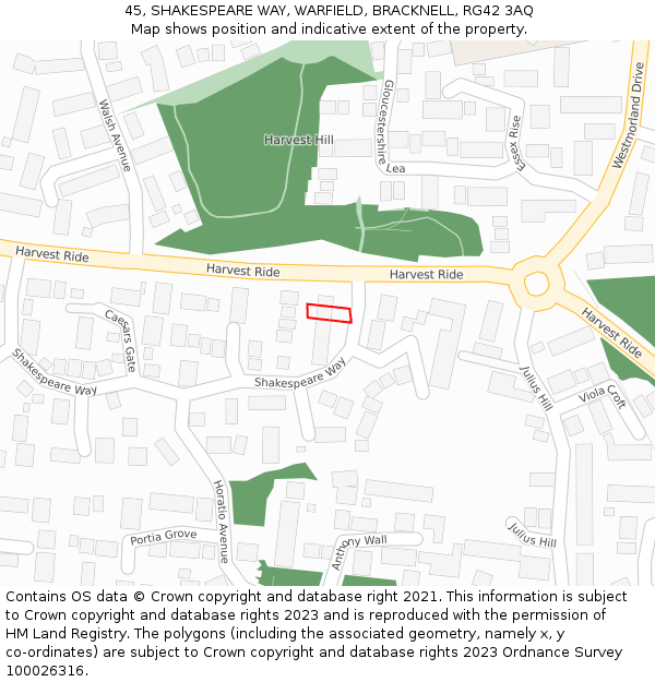 45, SHAKESPEARE WAY, WARFIELD, BRACKNELL, RG42 3AQ: Location map and indicative extent of plot