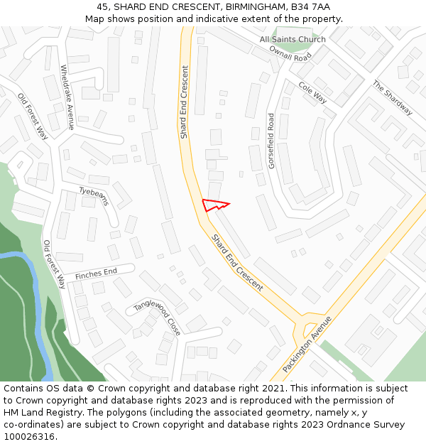 45, SHARD END CRESCENT, BIRMINGHAM, B34 7AA: Location map and indicative extent of plot