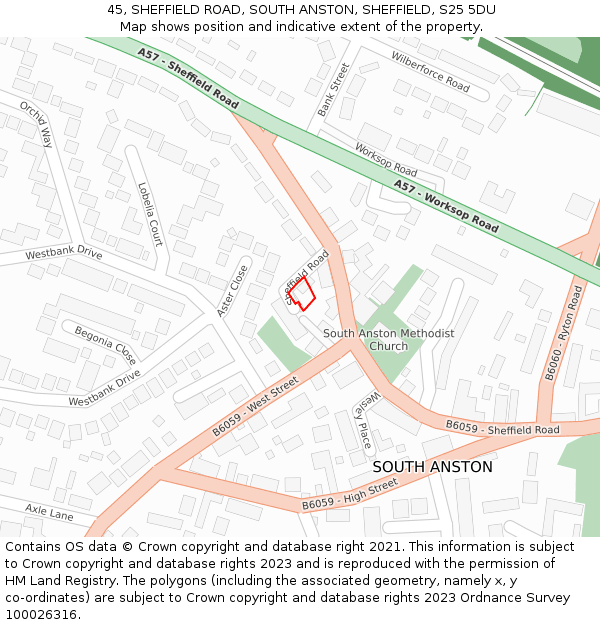 45, SHEFFIELD ROAD, SOUTH ANSTON, SHEFFIELD, S25 5DU: Location map and indicative extent of plot