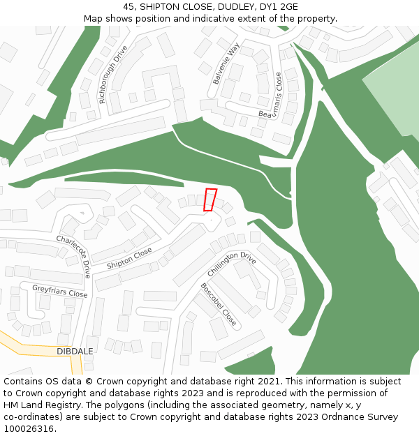 45, SHIPTON CLOSE, DUDLEY, DY1 2GE: Location map and indicative extent of plot