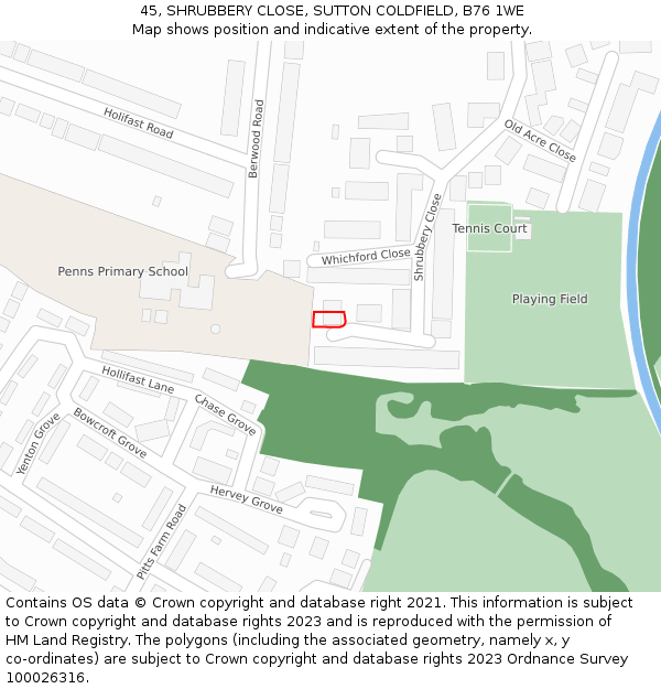 45, SHRUBBERY CLOSE, SUTTON COLDFIELD, B76 1WE: Location map and indicative extent of plot