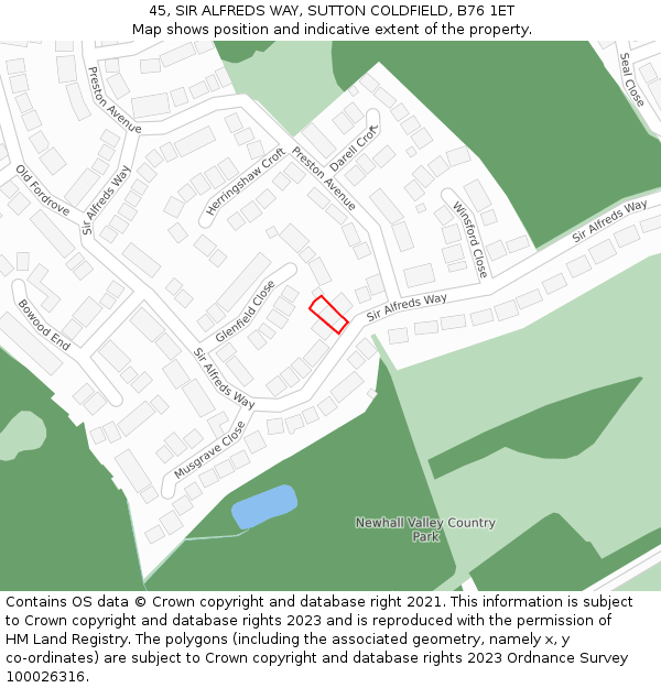 45, SIR ALFREDS WAY, SUTTON COLDFIELD, B76 1ET: Location map and indicative extent of plot