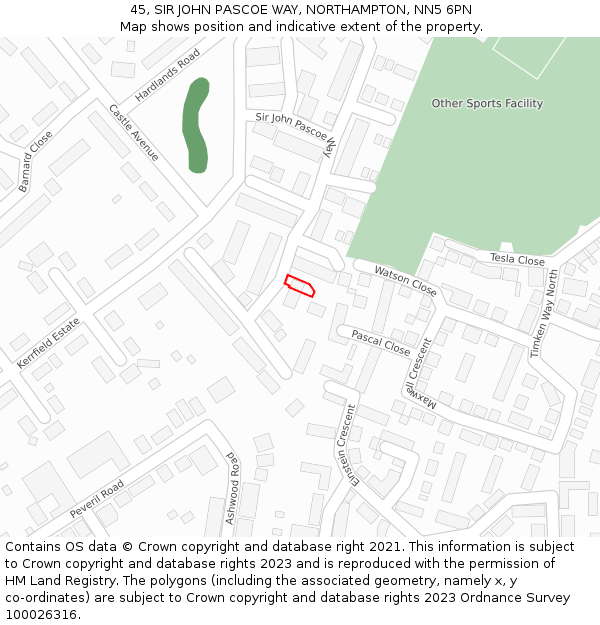 45, SIR JOHN PASCOE WAY, NORTHAMPTON, NN5 6PN: Location map and indicative extent of plot