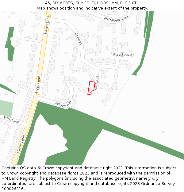 45, SIX ACRES, SLINFOLD, HORSHAM, RH13 0TH: Location map and indicative extent of plot