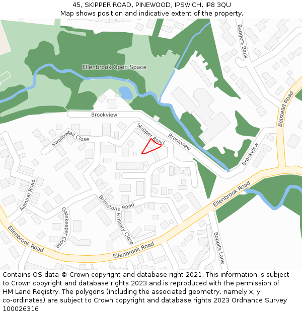 45, SKIPPER ROAD, PINEWOOD, IPSWICH, IP8 3QU: Location map and indicative extent of plot