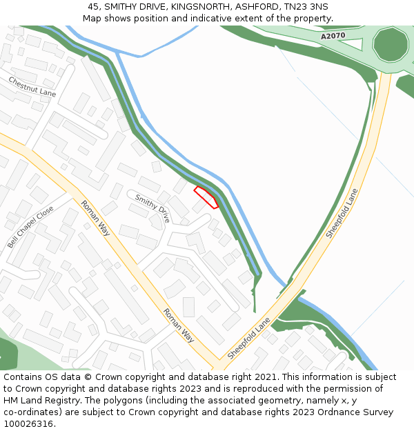 45, SMITHY DRIVE, KINGSNORTH, ASHFORD, TN23 3NS: Location map and indicative extent of plot