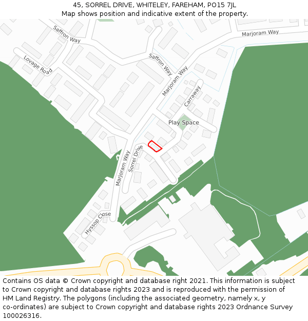 45, SORREL DRIVE, WHITELEY, FAREHAM, PO15 7JL: Location map and indicative extent of plot